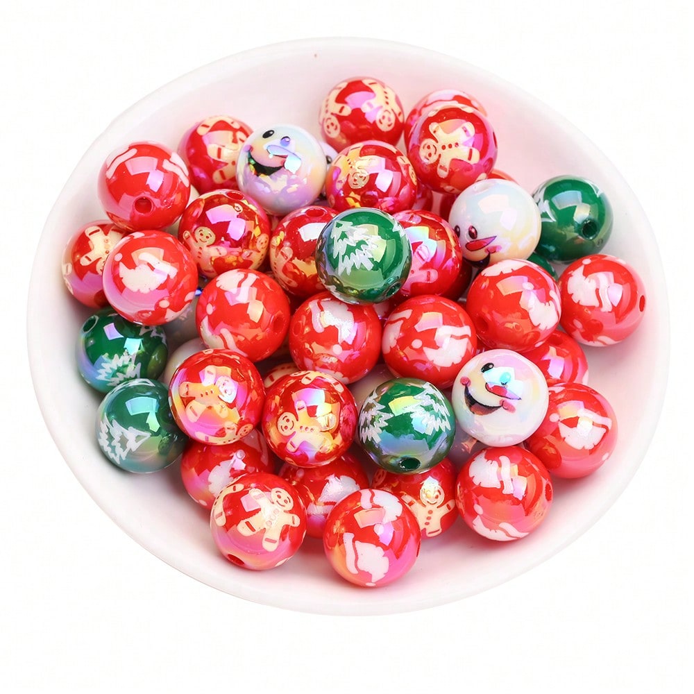 16mm Shiny UV Christmas Tree & Snowman Round Beads, 10pcs/Set