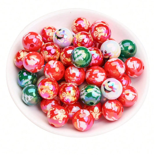 16mm Shiny UV Christmas Tree & Snowman Round Beads, 10pcs/Set