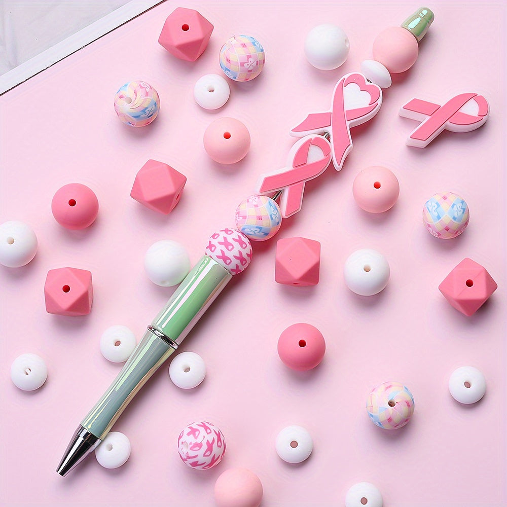 Pink Ribbon & Heart Silicone Beads Set